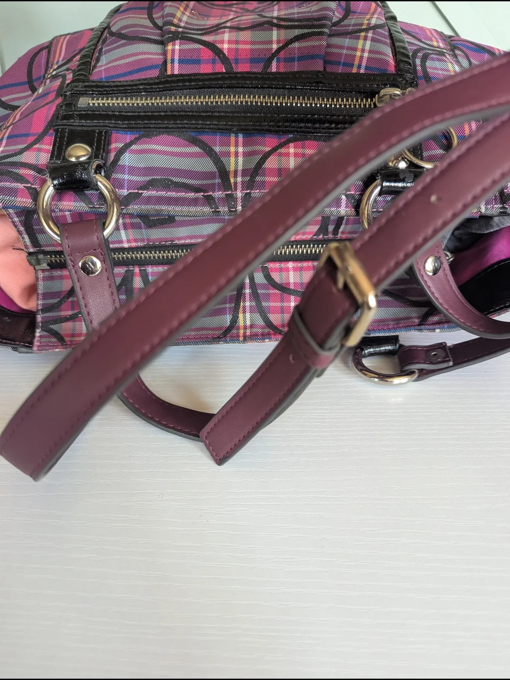 Coach Pink and Purple Plaid Signature Tote